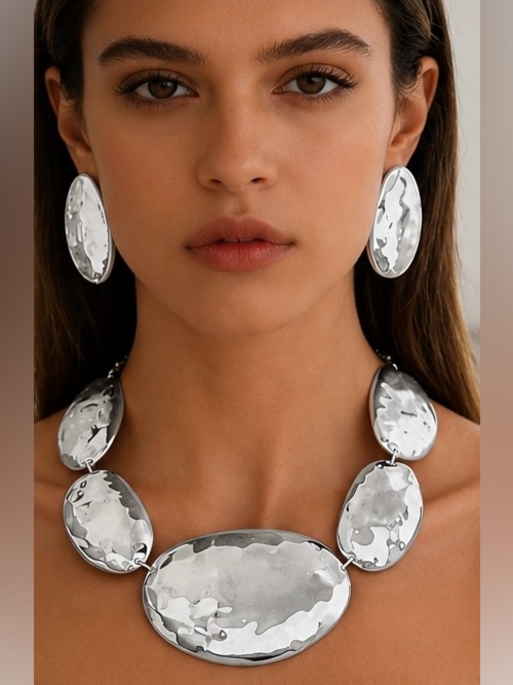 Silver Tone Hammered Statement Necklace & Earrings Set Modern Sculptural Jewelry